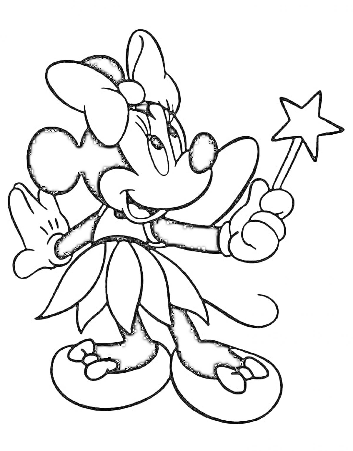 Раскраска Минни Маус с волшебной палочкой в цветочном наряде