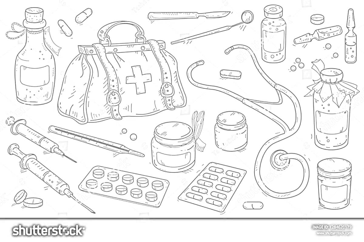 Раскраска Набор доктора с медицинскими элементами - аптечка, таблетки, ампулы, шприц, бинты, баночки, стетоскоп
