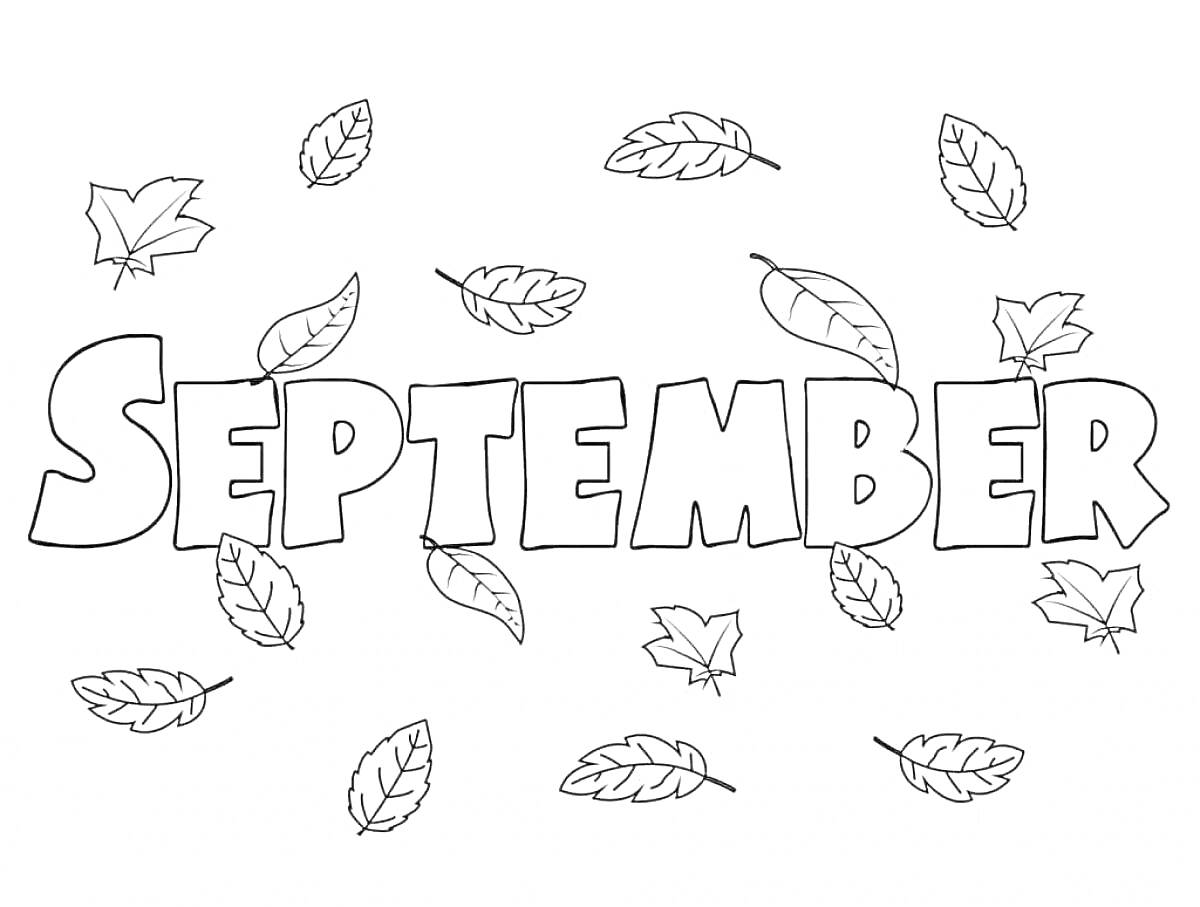 На раскраске изображено: Сентябрь, Листья, Надпись, Осень, 1 сентября, Школьники
