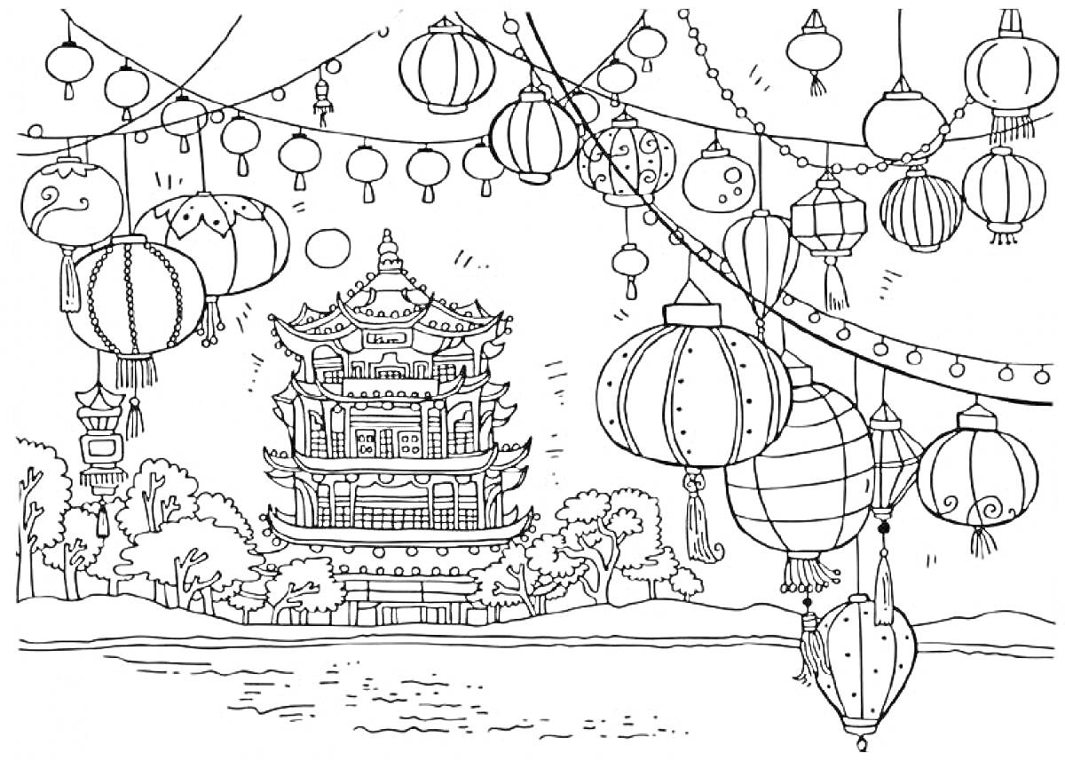 На раскраске изображено: Китай, Пагода, Фонарики, Водоем, Архитектура, Природа, Украшения, Деревья