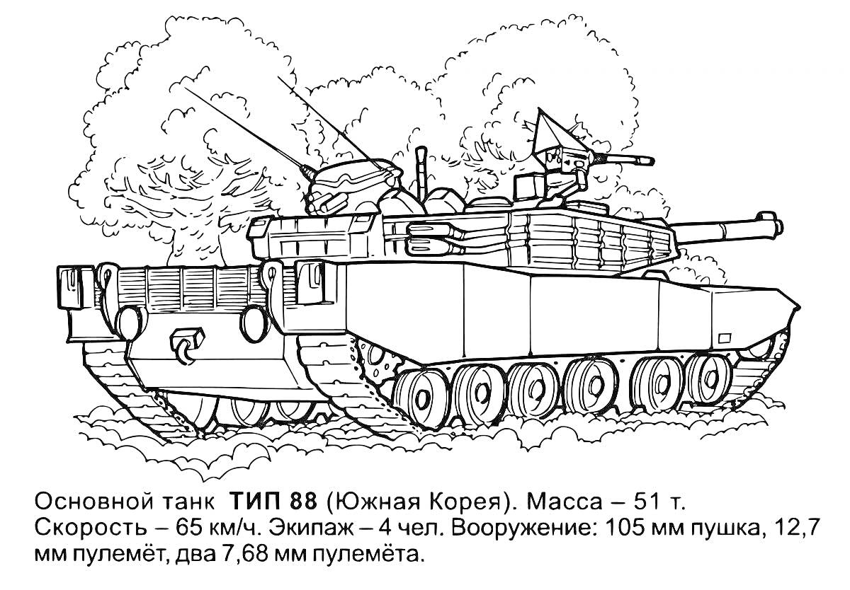 На раскраске изображено: Танк, Южная Корея, Бронетехника, Военная техника, Боевой танк, Вооружение, Окраска, Обучение