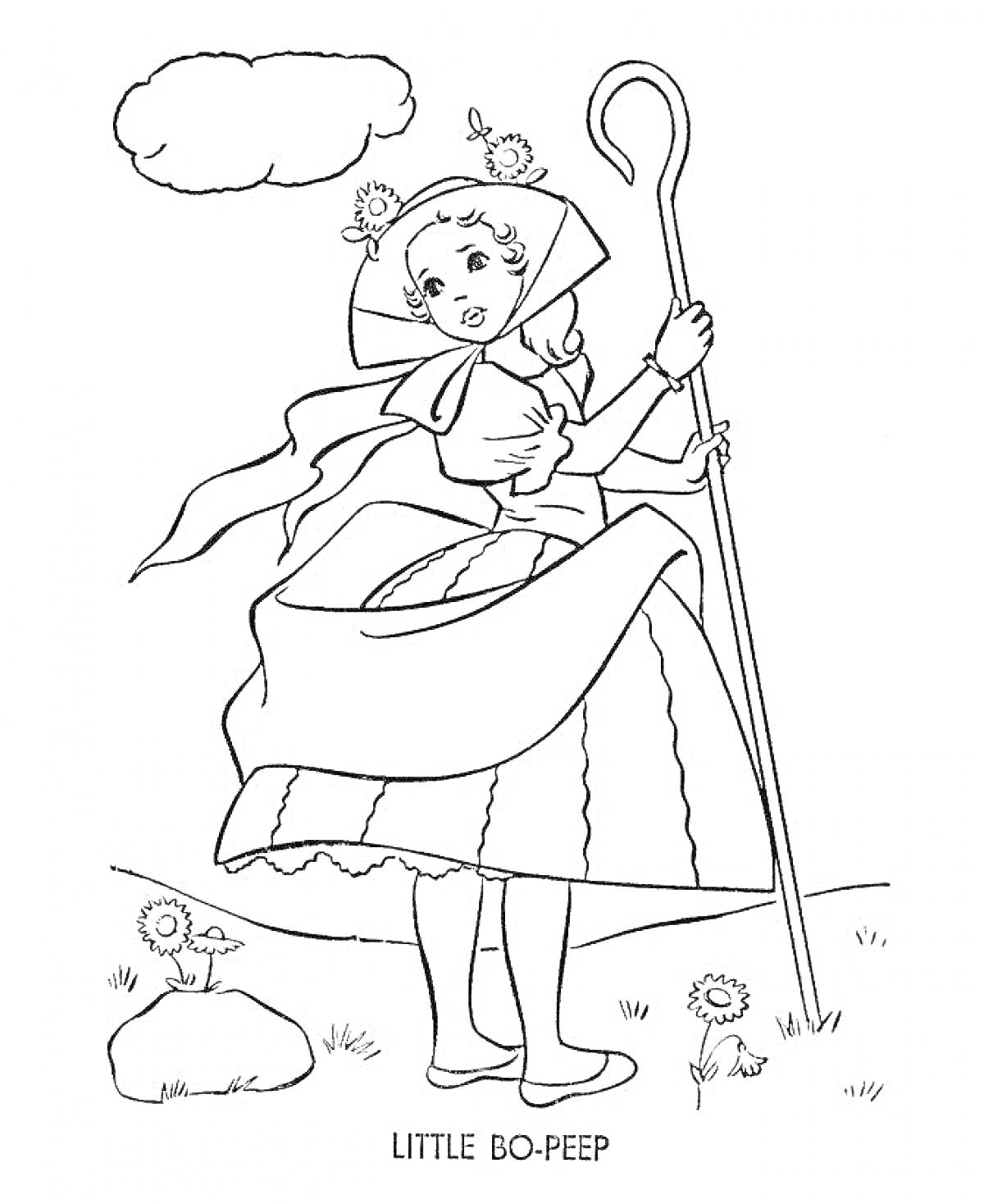 Раскраска Девочка с посохом в шляпке, рядом облако, цветы и камень