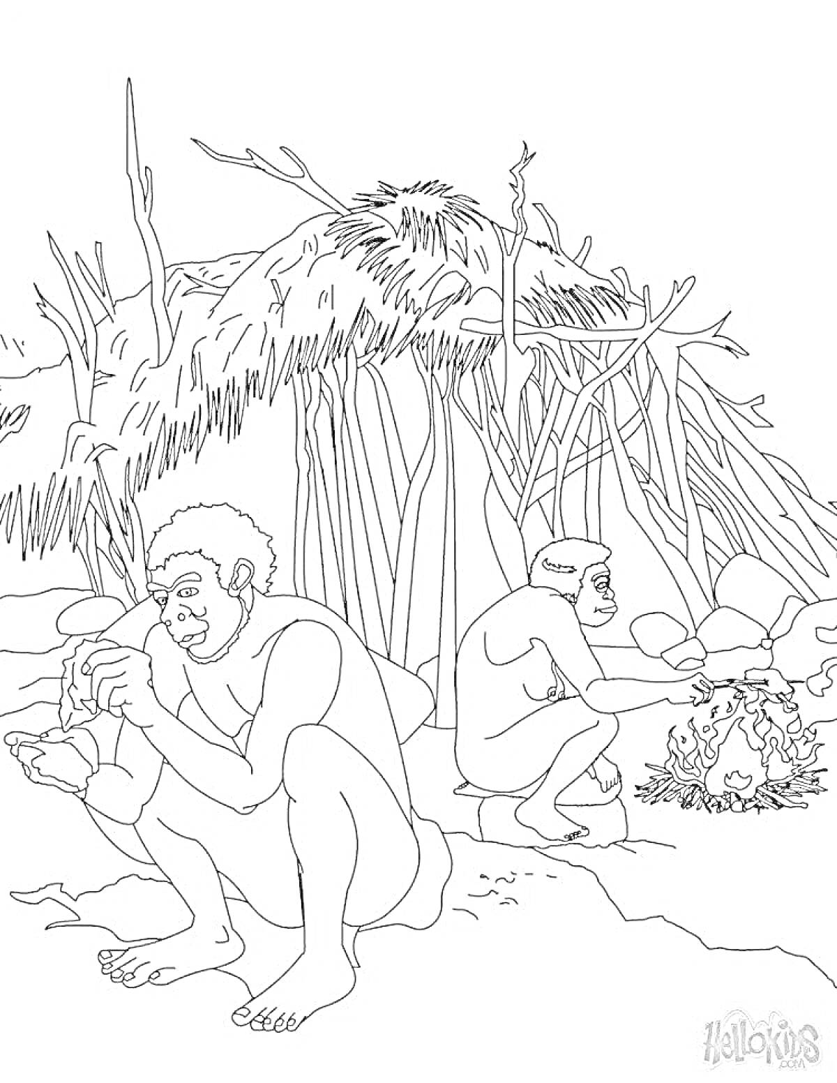 На раскраске изображено: Древний человек, Костер, Укрытие, Орудие, Природа, Пещера, Каменный век