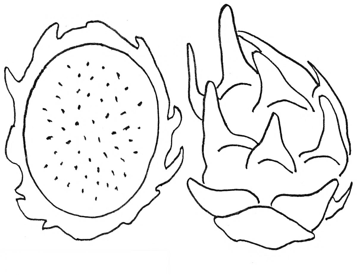 Раскраска с изображением драконьего фрукта: целый фрукт и половинка фрукта