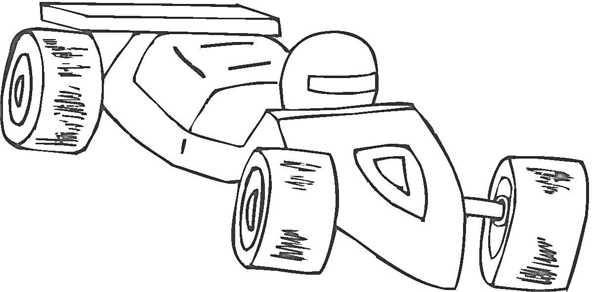 Раскраска Гоночный болид с водителем, шлем, антикрыло, большие колёса