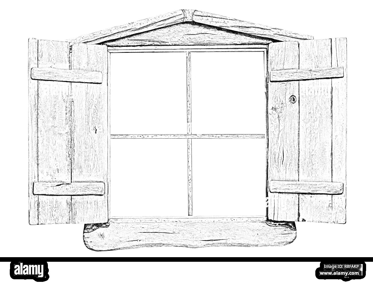 Раскраска Окно со ставнями, четыре стеклянные секции, карниз, подоконник