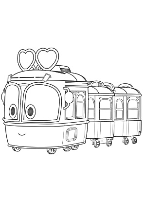 Раскраска Радостный робот-поезд с вагонами и сердцами на крыше
