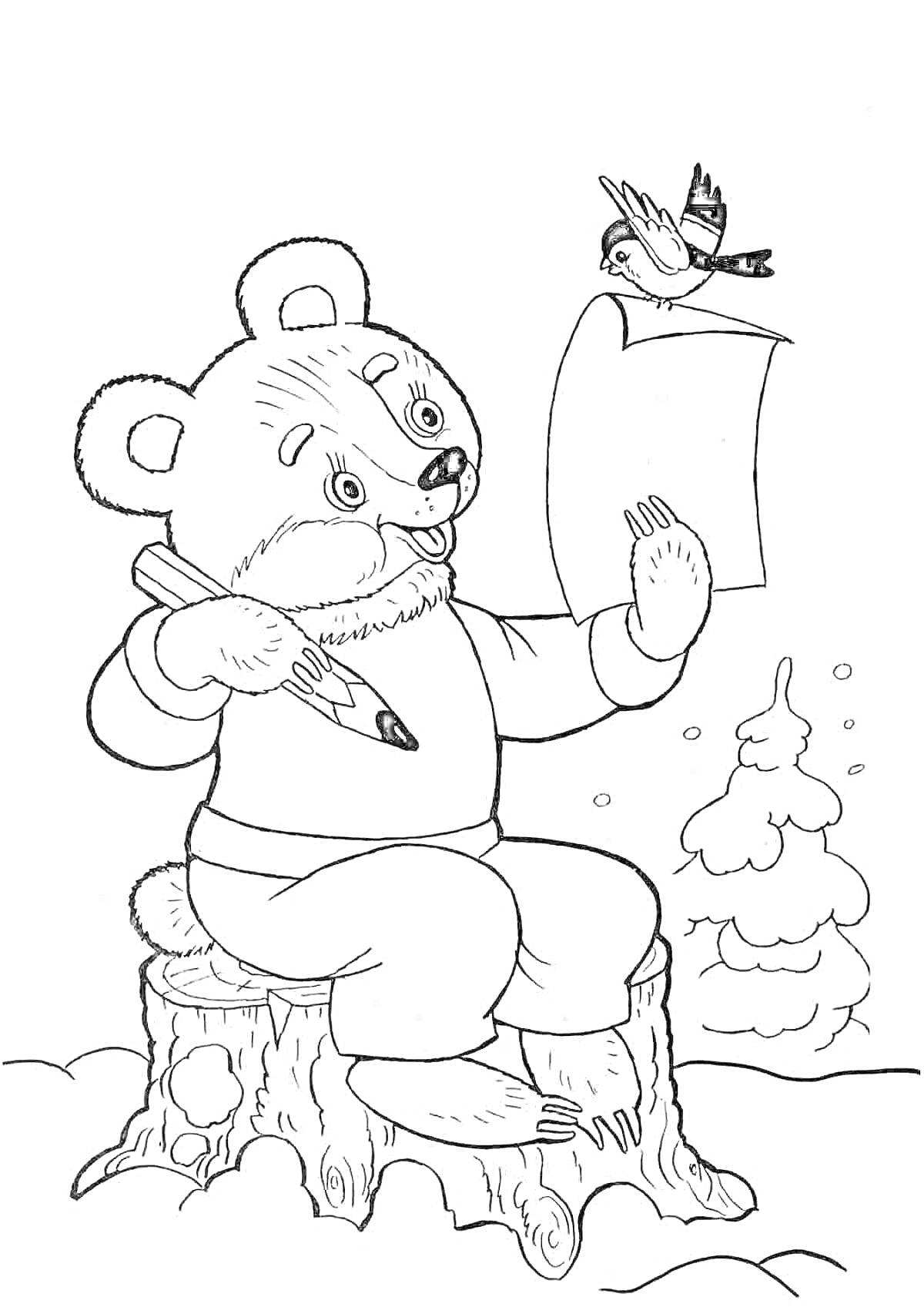 На раскраске изображено: Медведь, Пень, Птица, Лист бумаги, Зима, Снег
