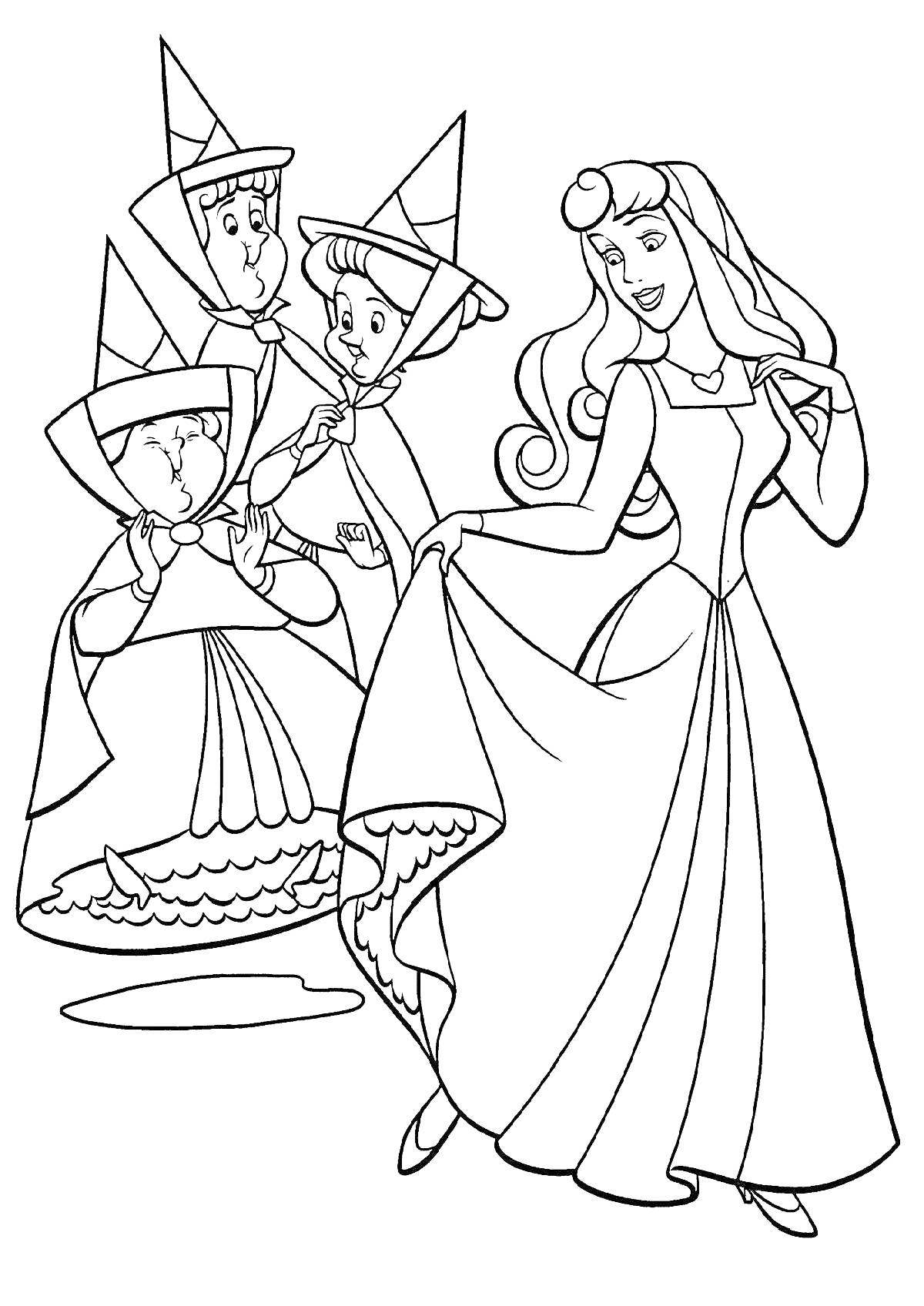 Раскраска Спящая красавица с тремя феями в шляпах и платьях