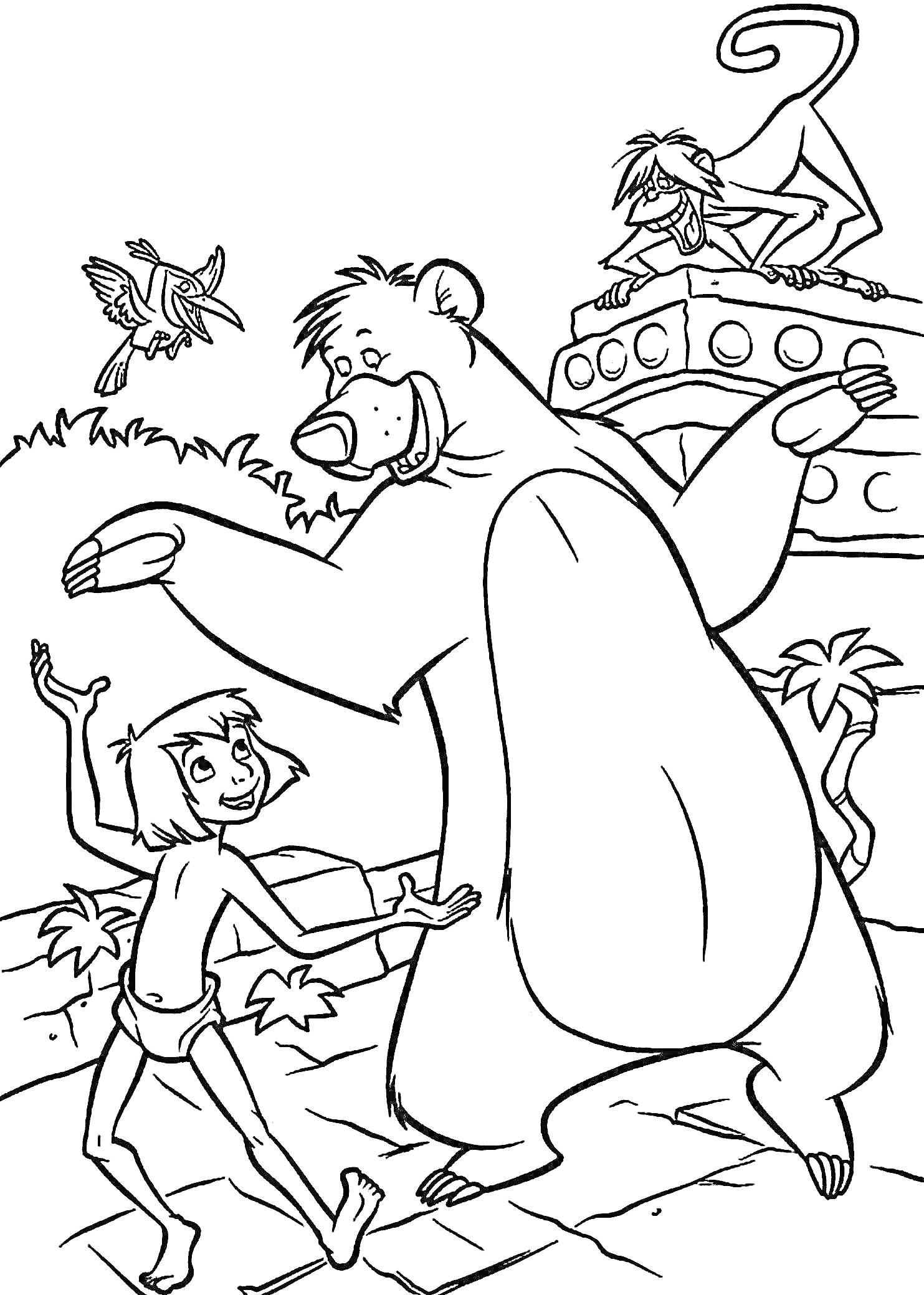Раскраска Мальчик, медведь, обезьяна и птица в джунглях