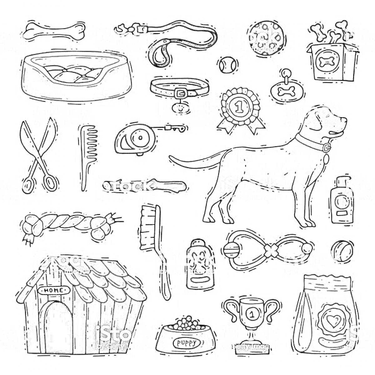 Раскраска Собака в ошейнике и аксессуары (будка, миска с едой, игрушки, шампунь, расческа, поводок, награды, корм)