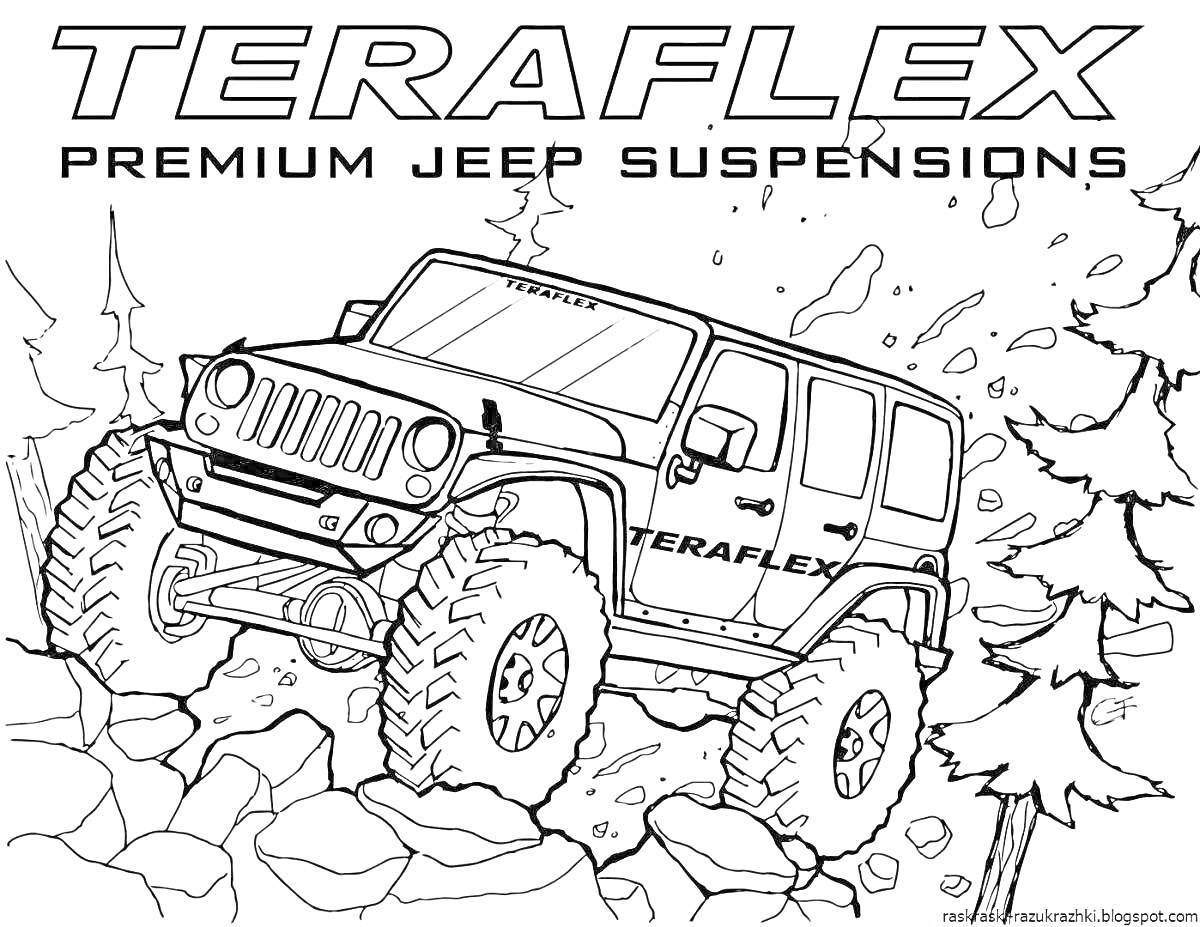 Раскраска Джип в лесу с надписью TERAFLEX и текстом Premium Jeep Suspensions, преодолевающий каменистую местность