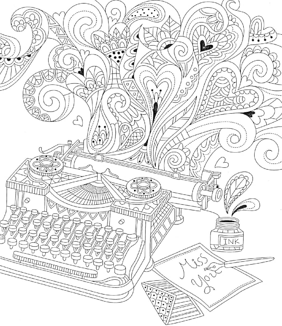 Раскраска Пишущая машинка с чернильницей, цветочные узоры, бумага с надписью 