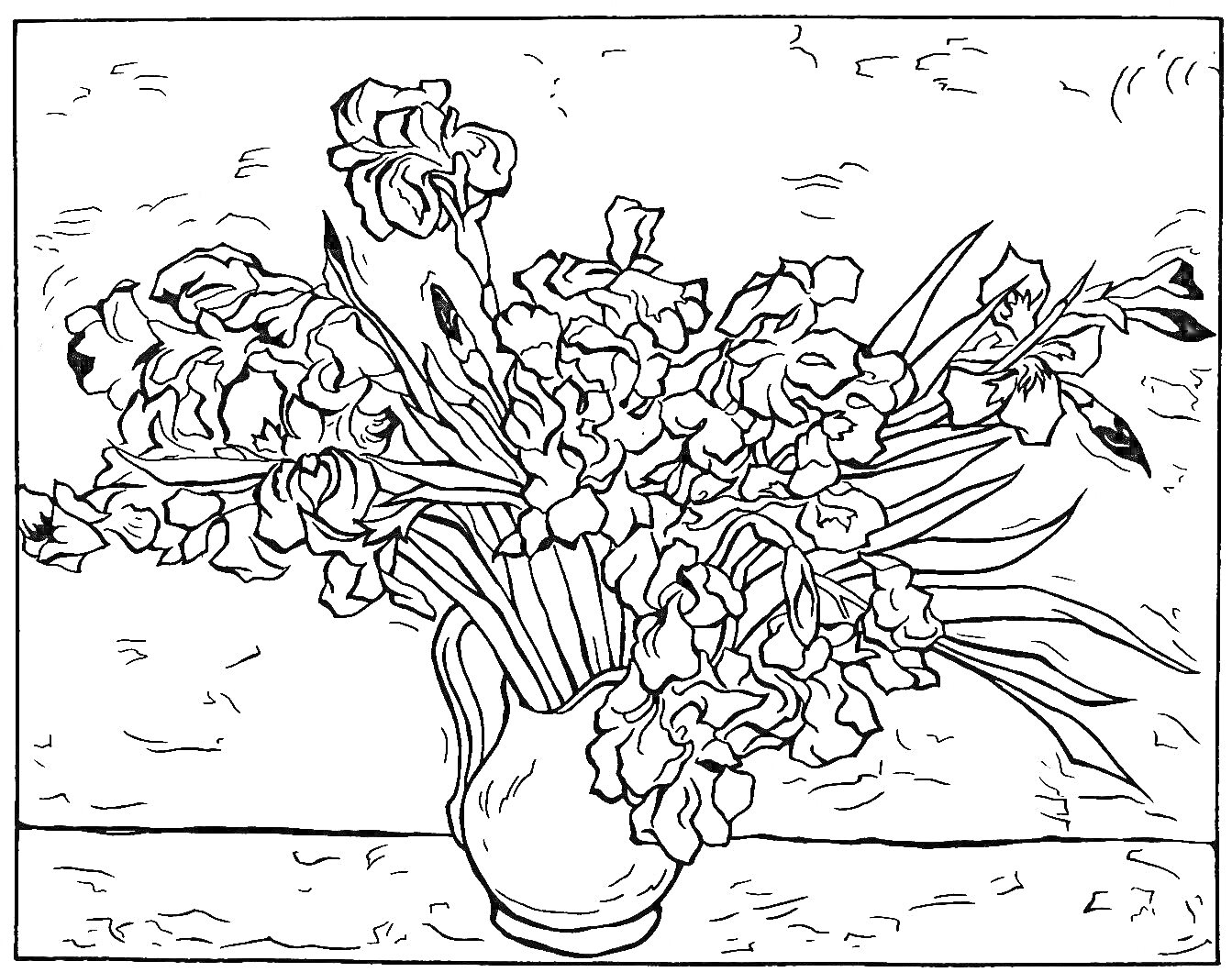 Раскраска Натюрморт с букетом ирисов в вазе на фоне стены