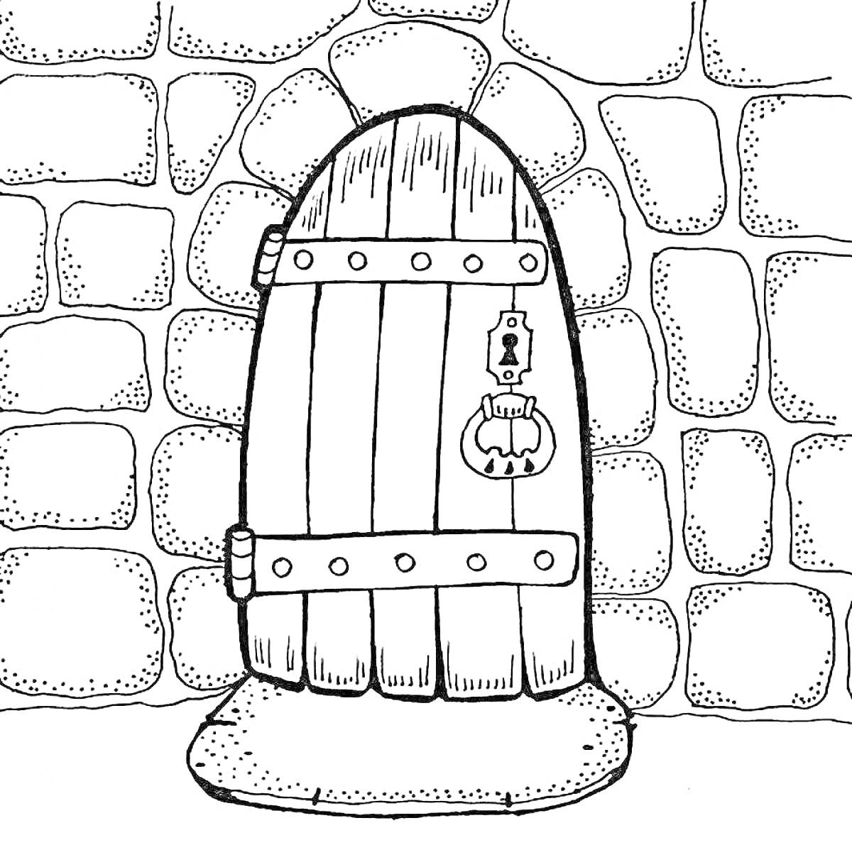 На раскраске изображено: Дверь, Каменная стена, Деревянная дверь, Средневековый стиль