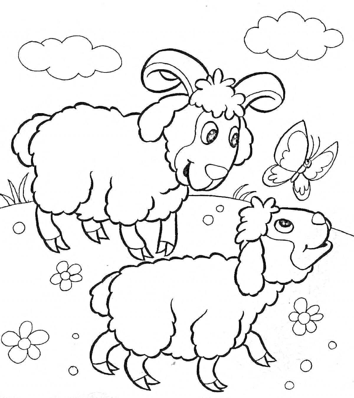 Раскраска Две овечки на лугу с цветами и бабочкой под облачным небом