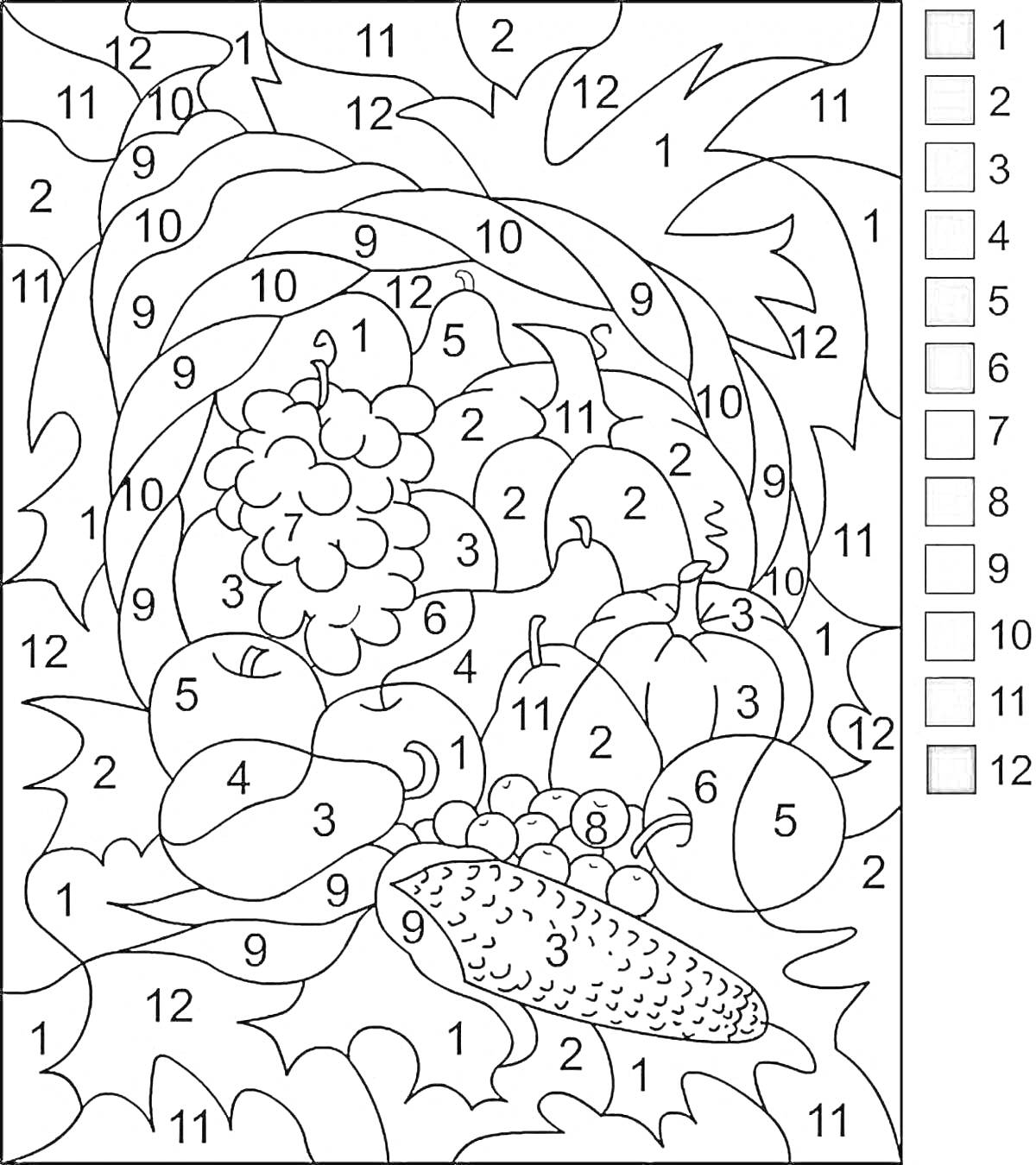 На раскраске изображено: Овощи, Фрукты, Виноград, Тыква, Кукуруза, Листва, Осень, Натюрморт, Взрослым, Русский язык