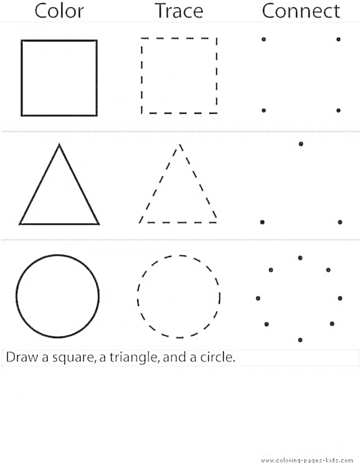 Раскраска квадрат для раскрашивания, квадрат для обведения, соединение точек для квадрата; треугольник для раскрашивания, треугольник для обведения, соединение точек для треугольника; круг для раскрашивания, круг для обведения, соединение точек для круга; задание н