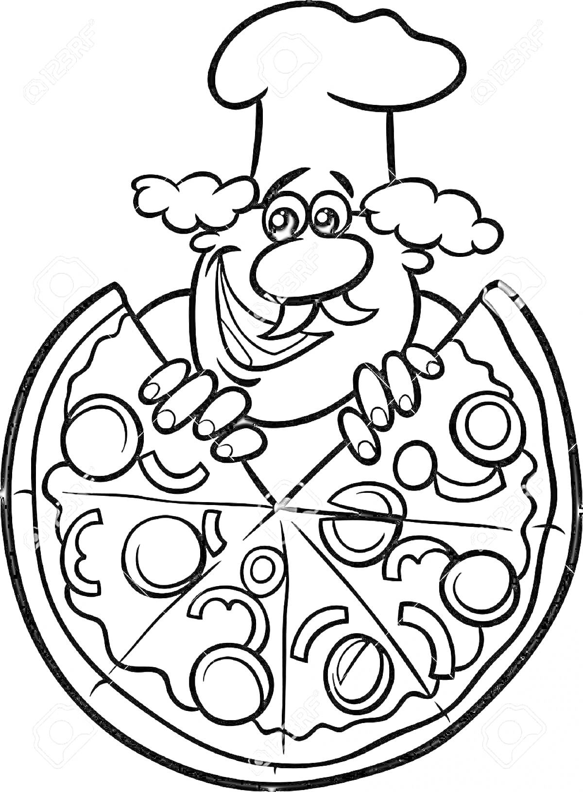 На раскраске изображено: Пицца, Повар, Шеф-повар, Еда, Овощи, Сыр, Колбаса