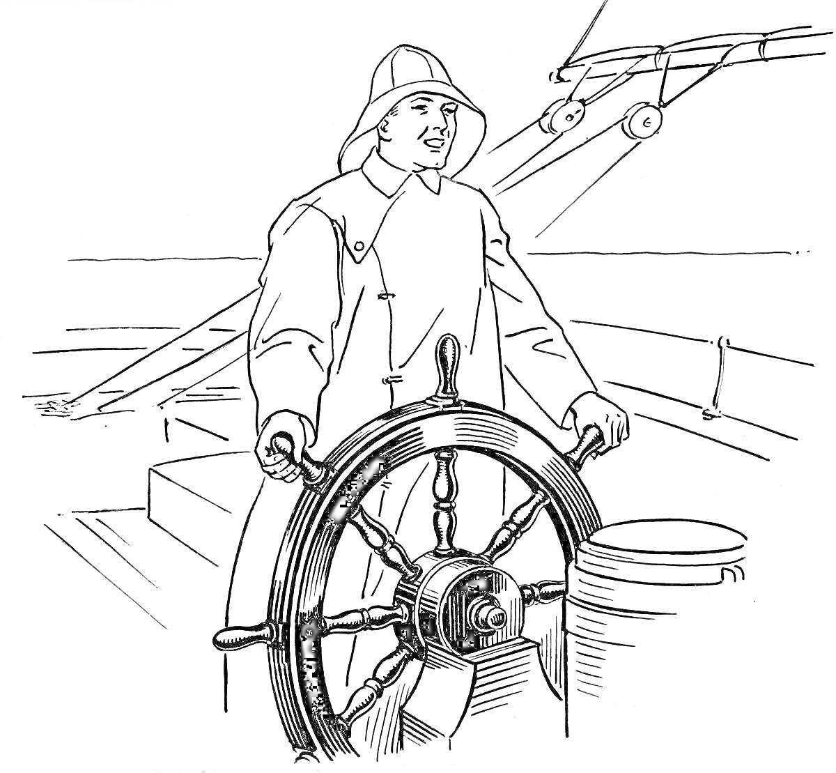 Раскраска Матрос за штурвалом на палубе корабля