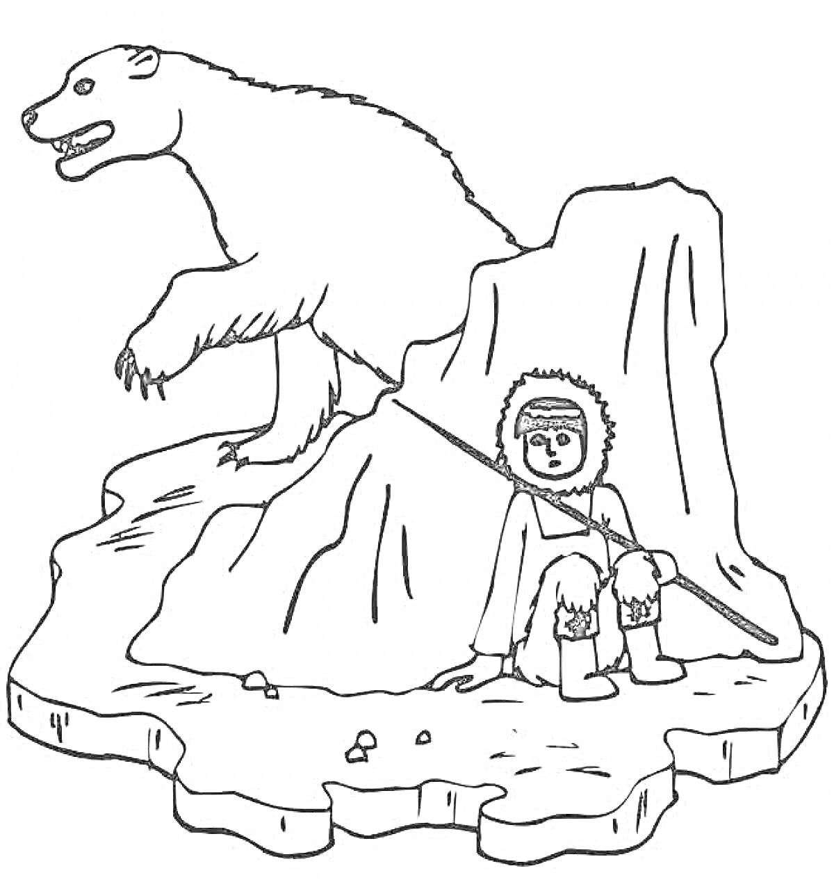 Раскраска Медведь на скале с охотником в шубе