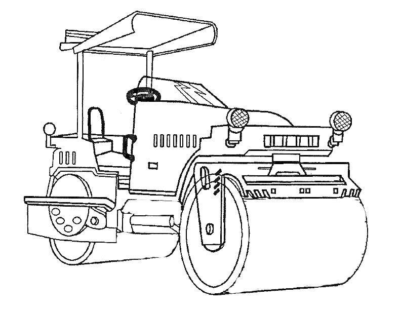 Раскраска Асфальтовый каток с кабиной, рулем, передними и задними фарами, большими колесами и крышей