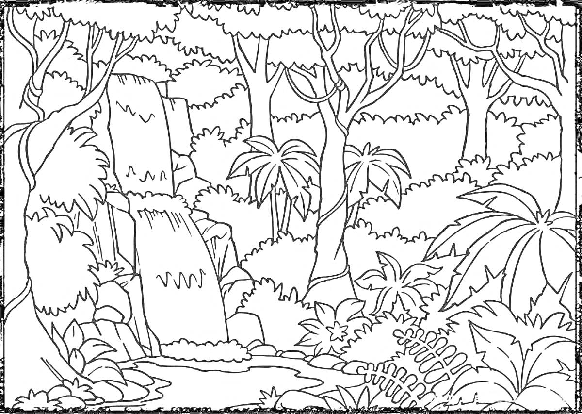 Раскраска Джунгли с водопадом, деревьями и кустарниками