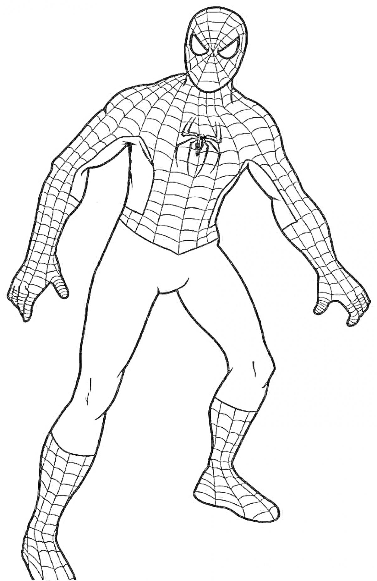 Раскраска Спайдермен с паутиной на костюме в стоящей позе
