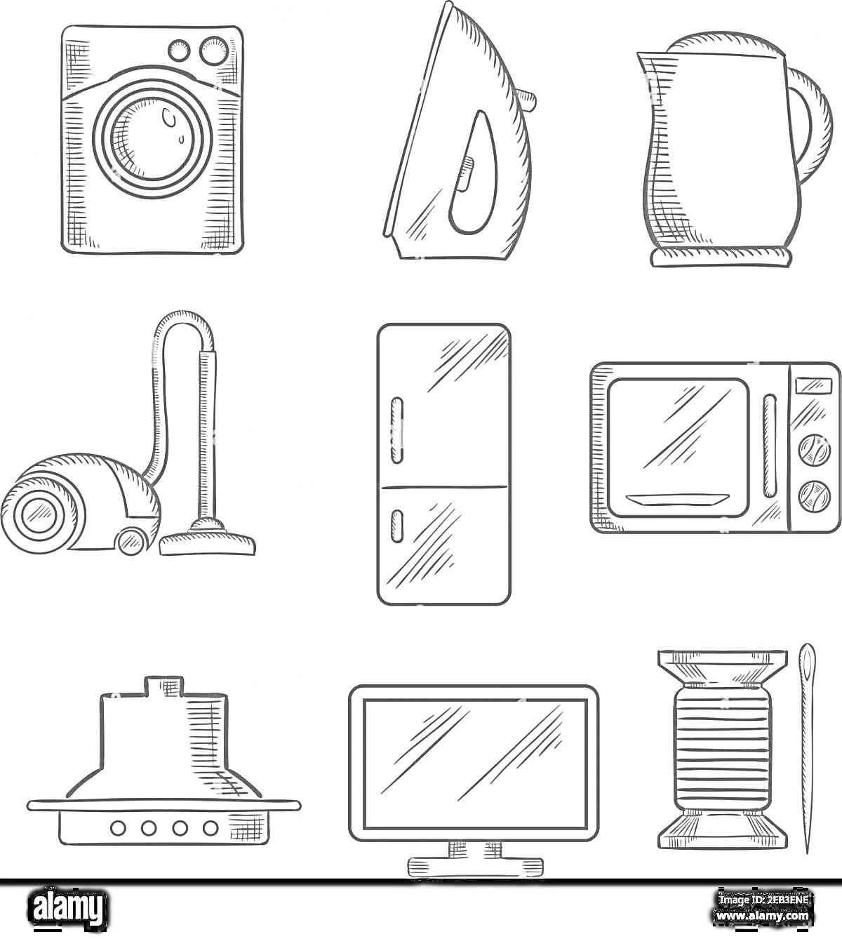 На раскраске изображено: Бытовая техника, Стиральная машина, Утюг, Электрочайник, Пылесос, Холодильник, Микроволновая печь, Телевизор, Швейная машинка, Детский сад, Обучение