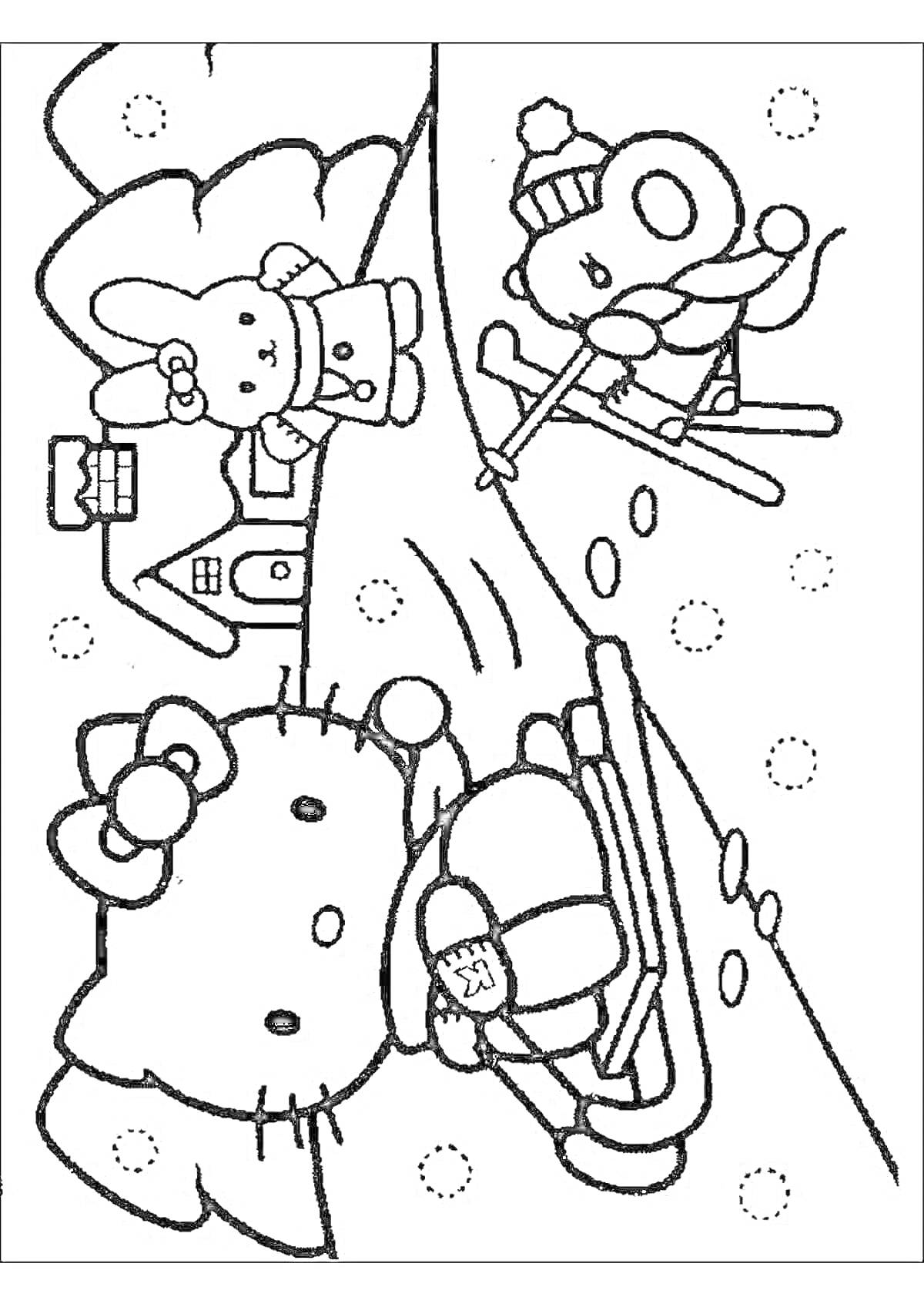 Раскраска Китти с подарком на санках, друг на лыжах и заяц возле елки на новогоднем фоне
