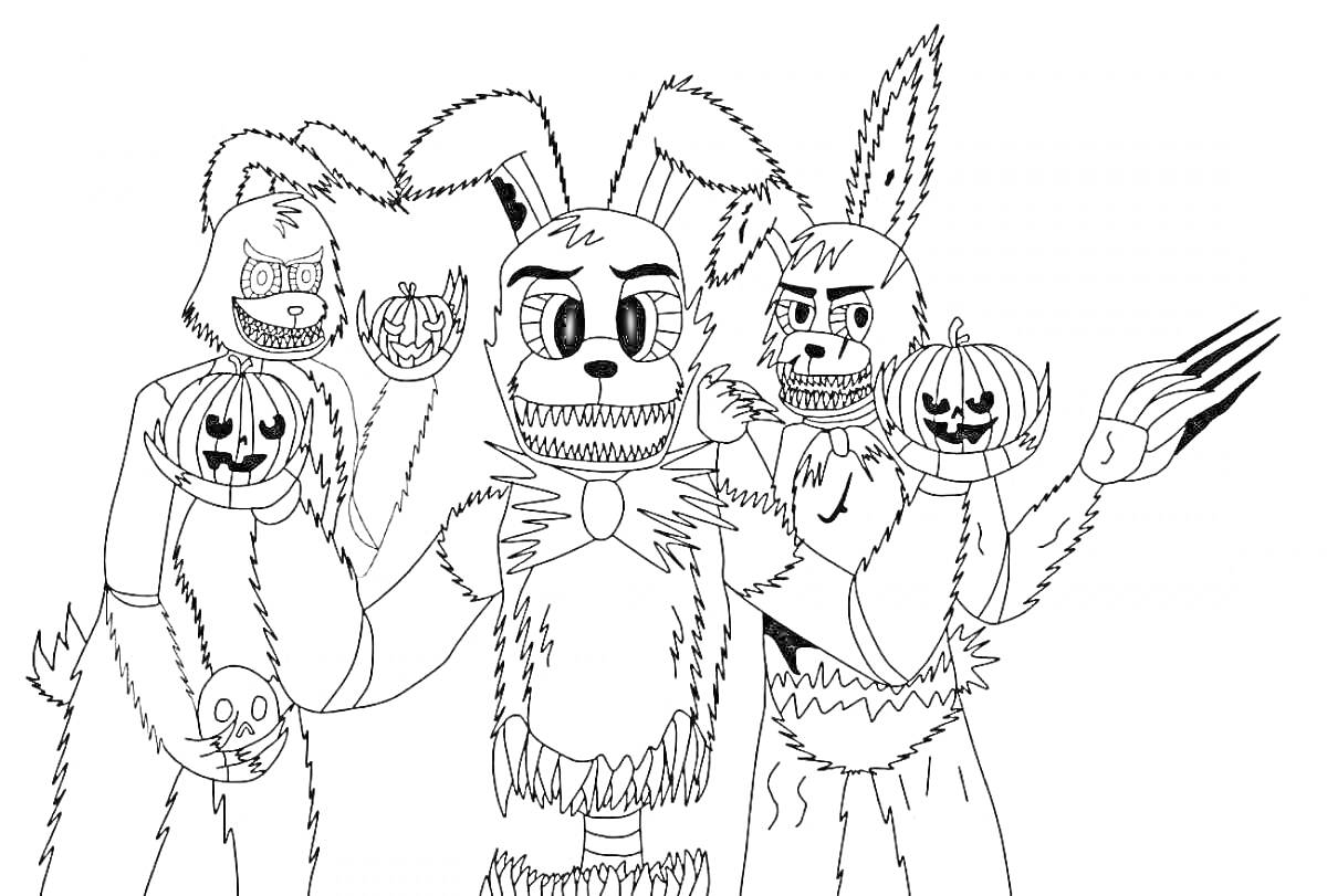 Три аниматроника, держащие тыквы в виде светильников Джека