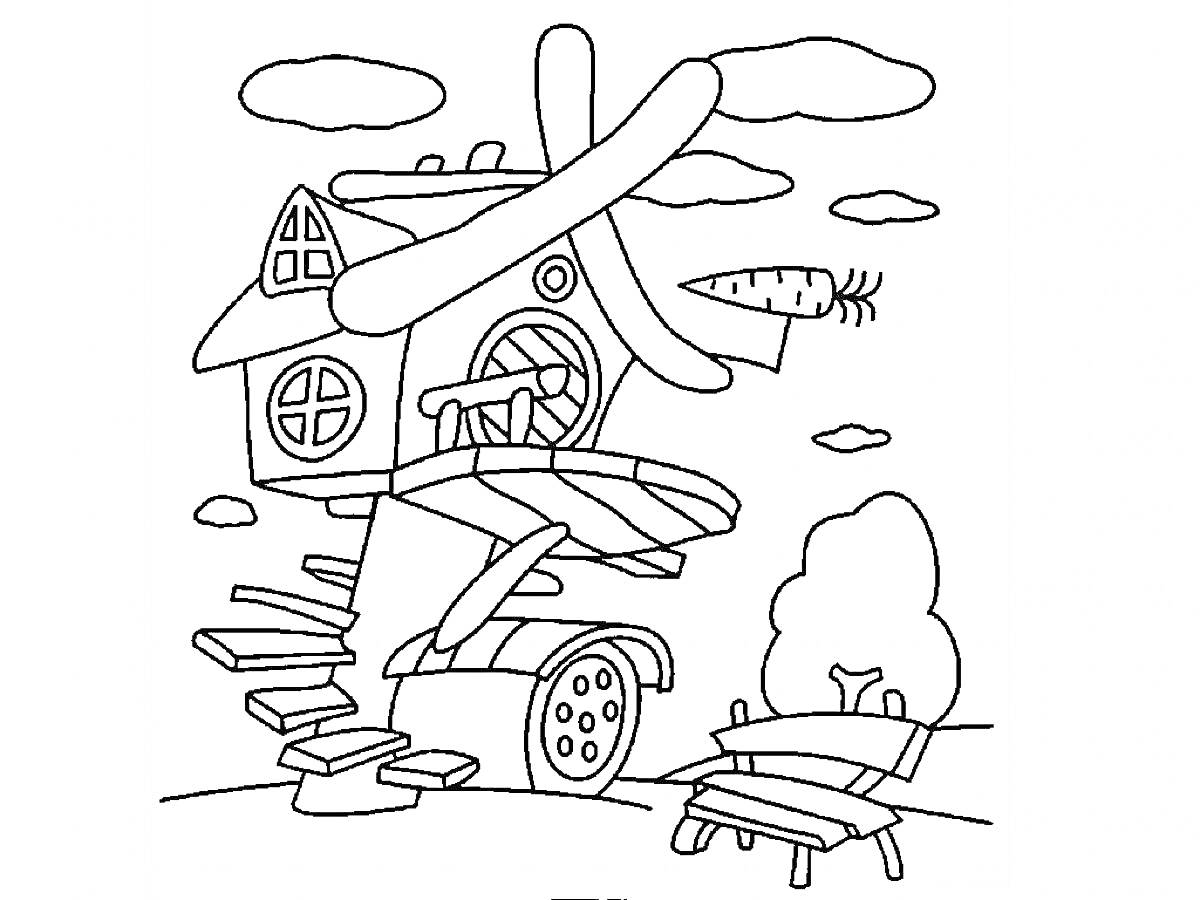 Раскраска Дом самолёт Смешариков с лестницей, деревом, скамейкой и облаками