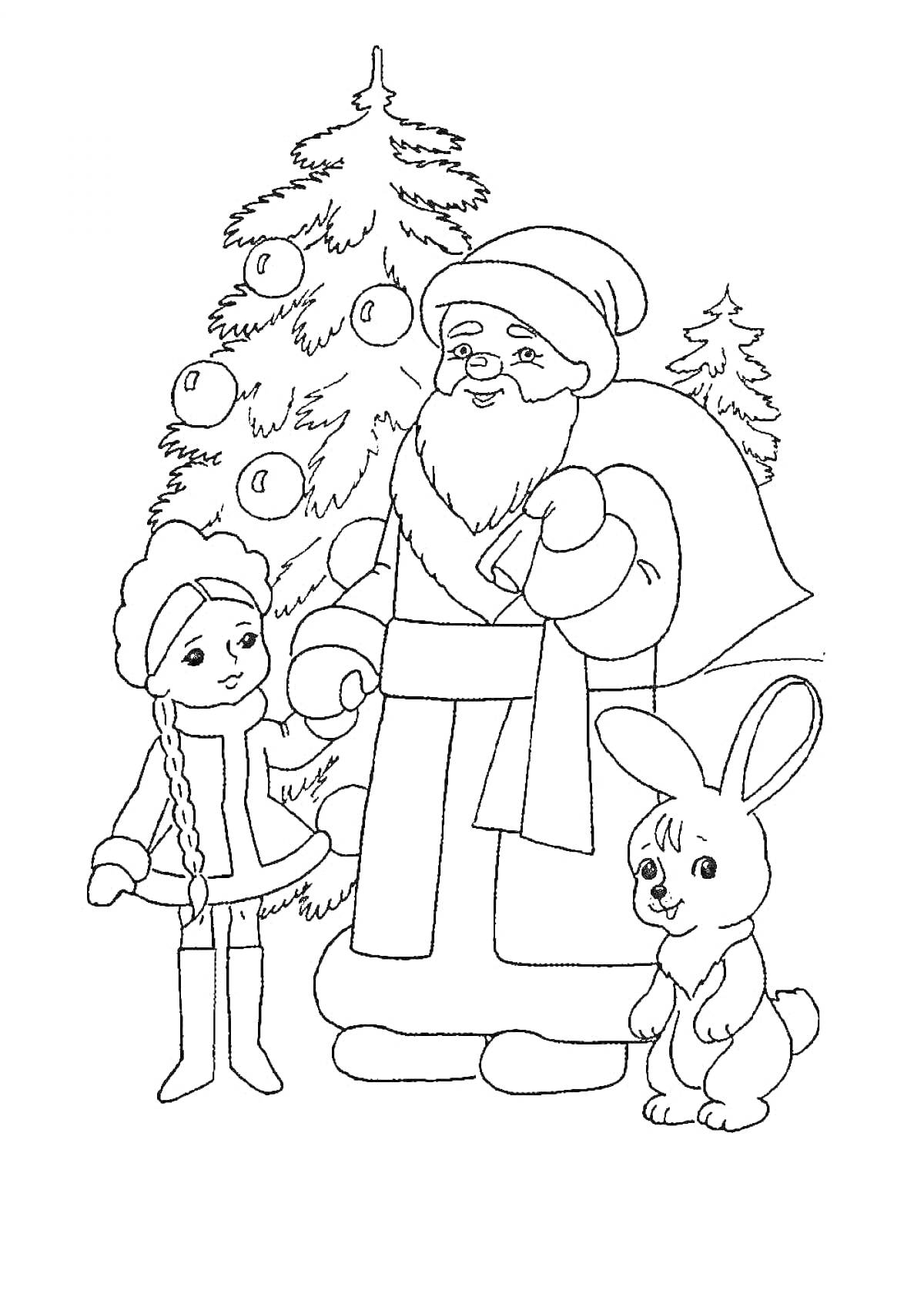 На раскраске изображено: Дед Мороз, Снегурочка, Новый год, Зима, Рождество, Для детей, Елки, Зайцы, Праздники