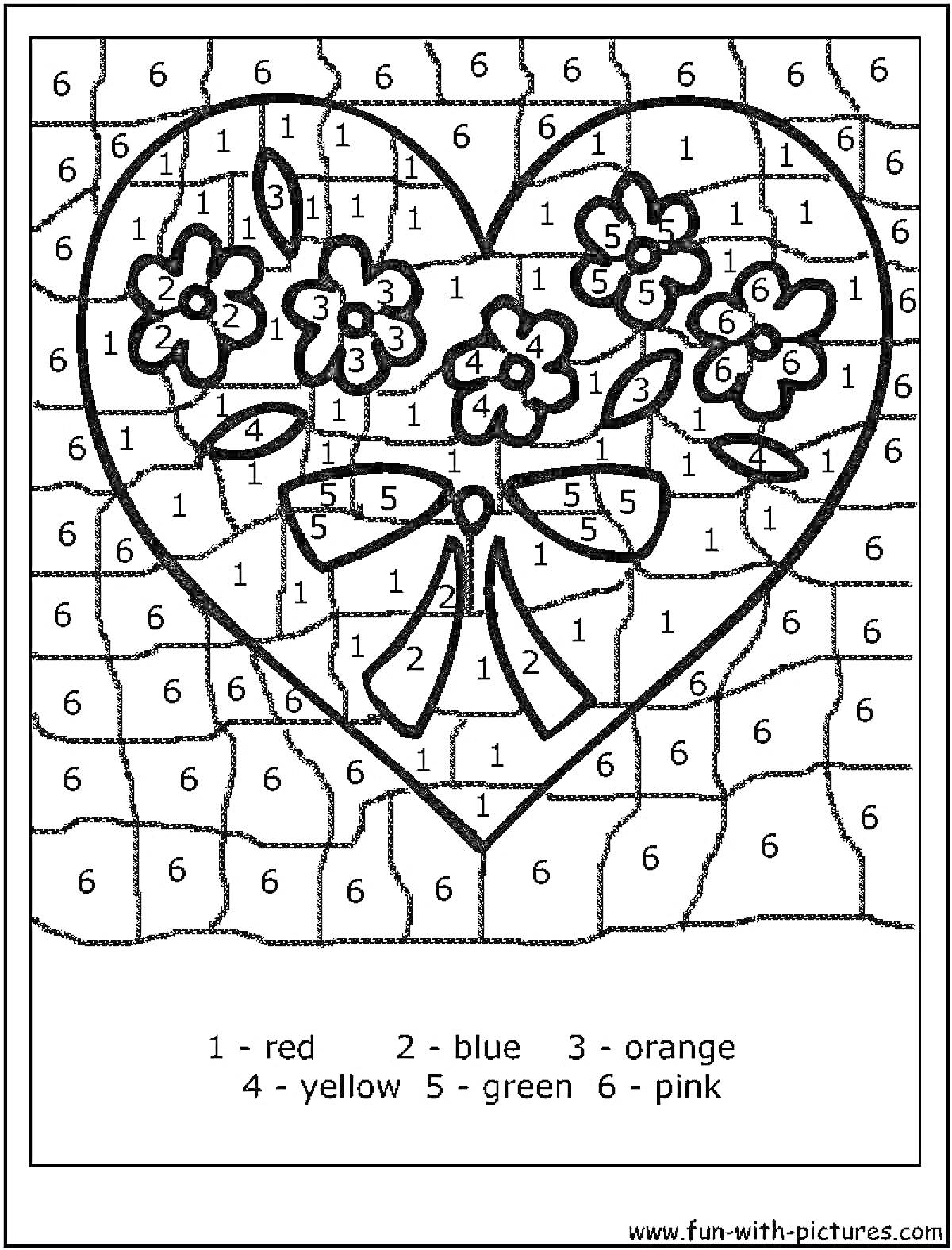 Раскраска Раскраска с сердечком, цветами и бантом по номерам