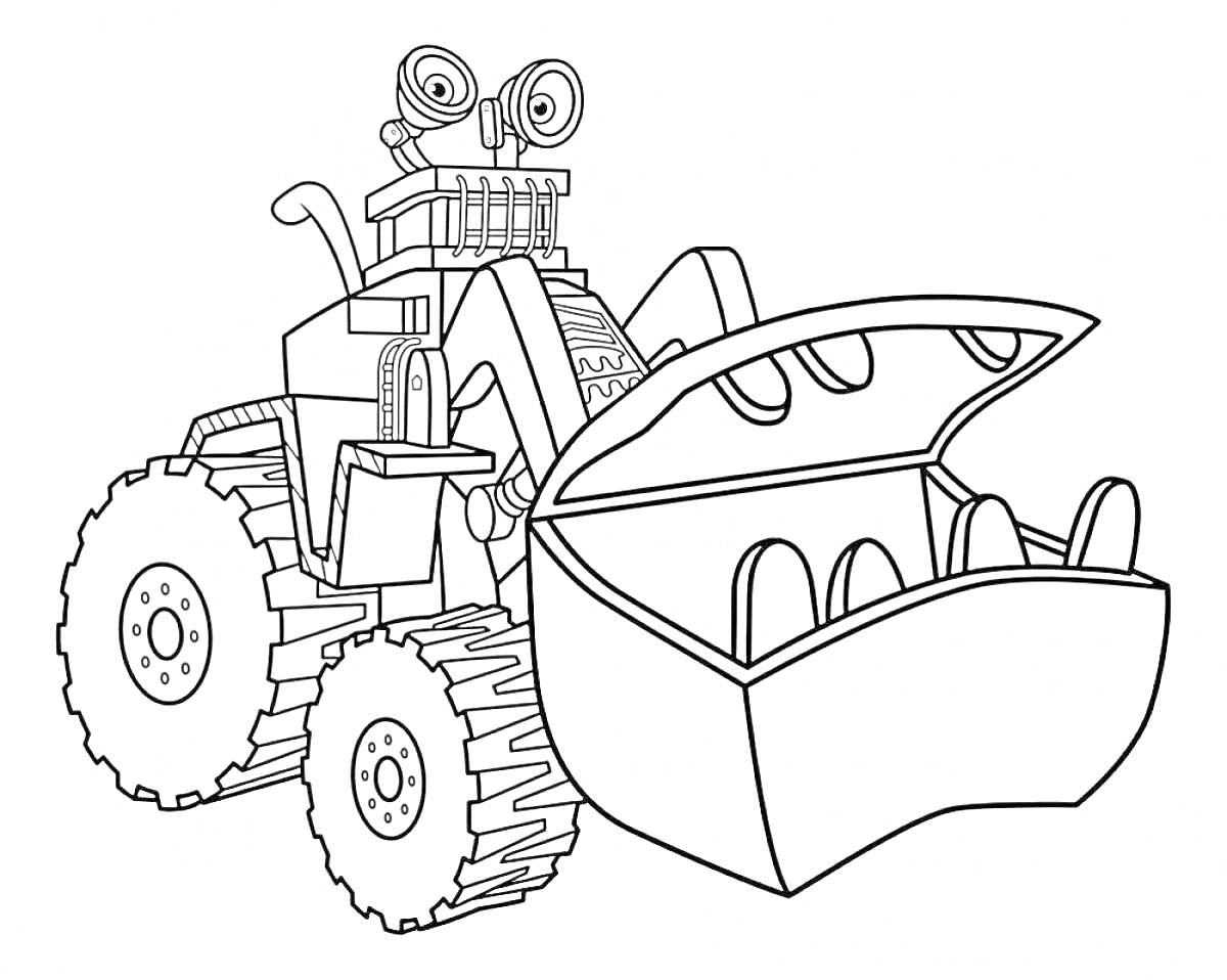 Раскраска Экскаватор-погрузчик с большим ковшом и массивными колесами