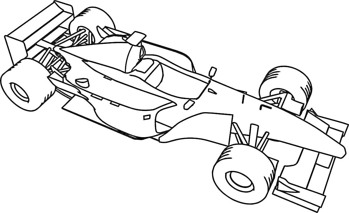 Раскраска Гоночный болид Формулы 1 с антикрылом, колесами и аэродинамическими элементами