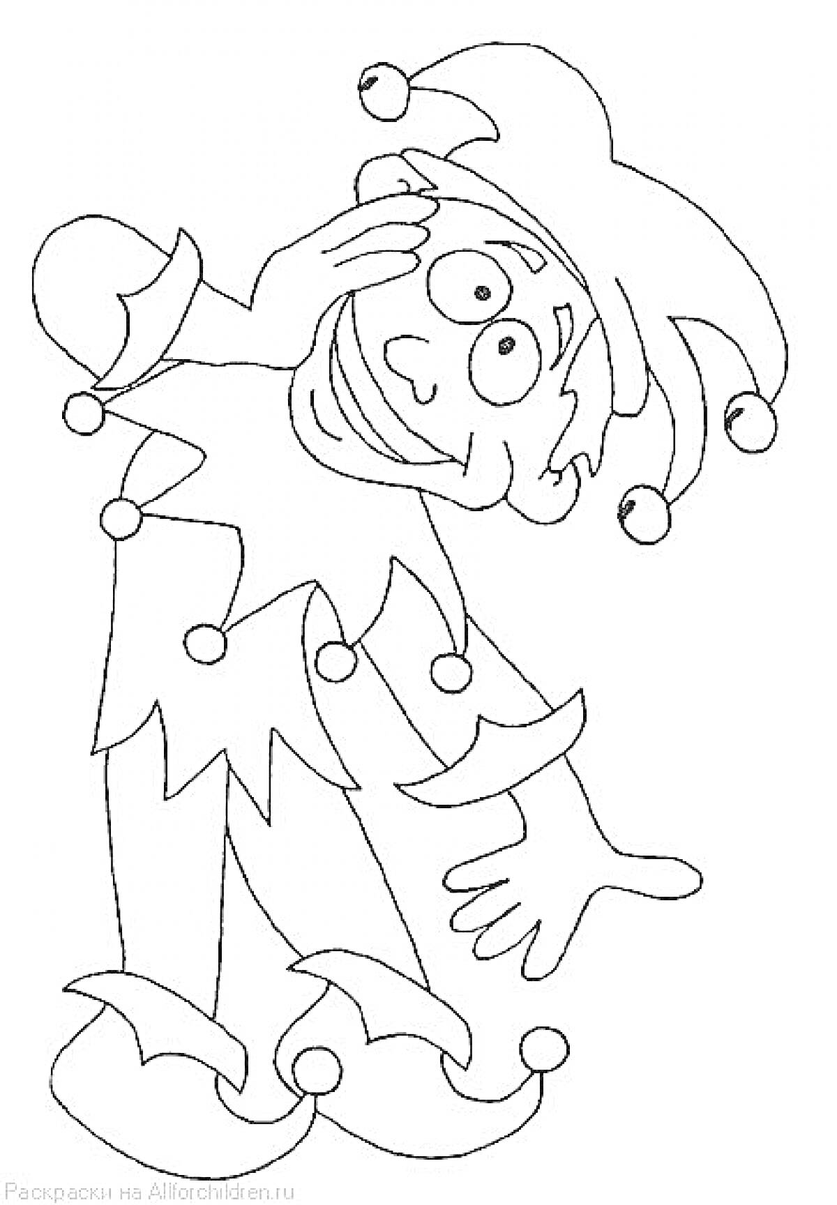 Раскраска Петрушка с бубенцами на шляпе и костюме, заглядывающий из-за руки