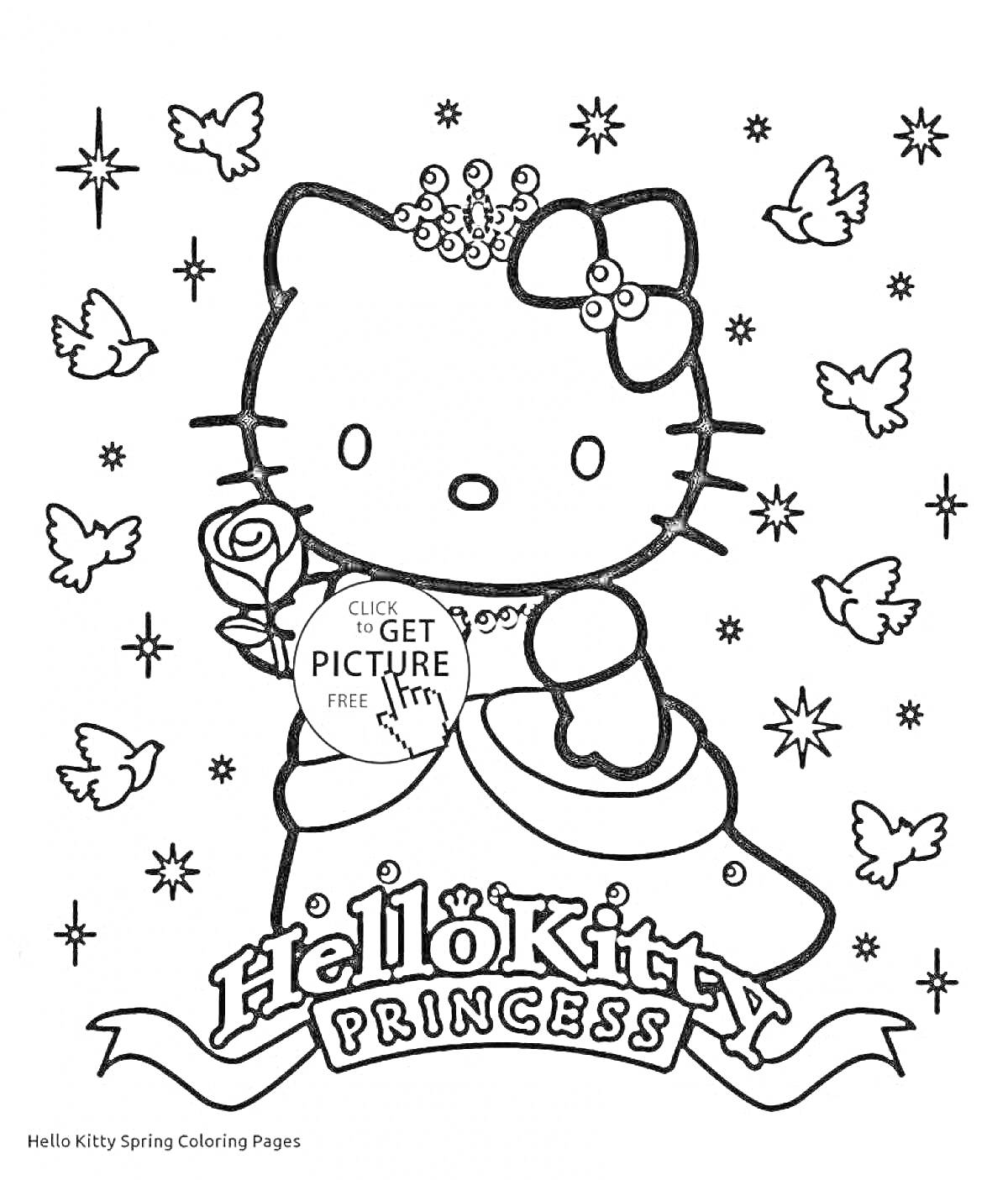 Раскраска Hello Kitty в платье с цветами, птицами и звёздами