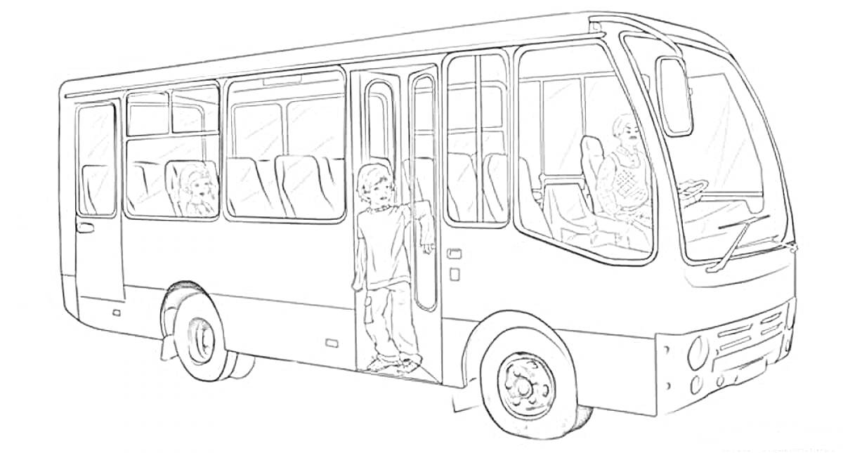 На раскраске изображено: Автобус, Пассажиры, Водитель, Колеса, Окна, Транспорт, Городской транспорт, Дверь, Человек