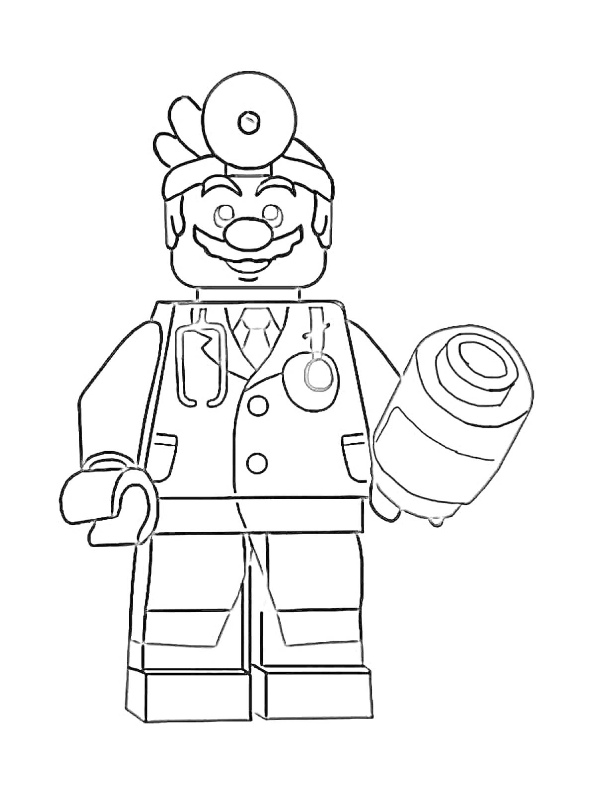 Раскраска Доктор Супер Марио в формате лего, с фонендоскопом и лекарством в руках