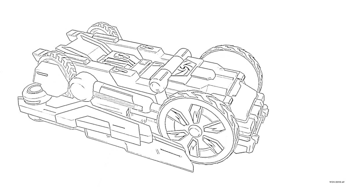 Раскраска Машина-скричер с большими колесами и множеством деталей