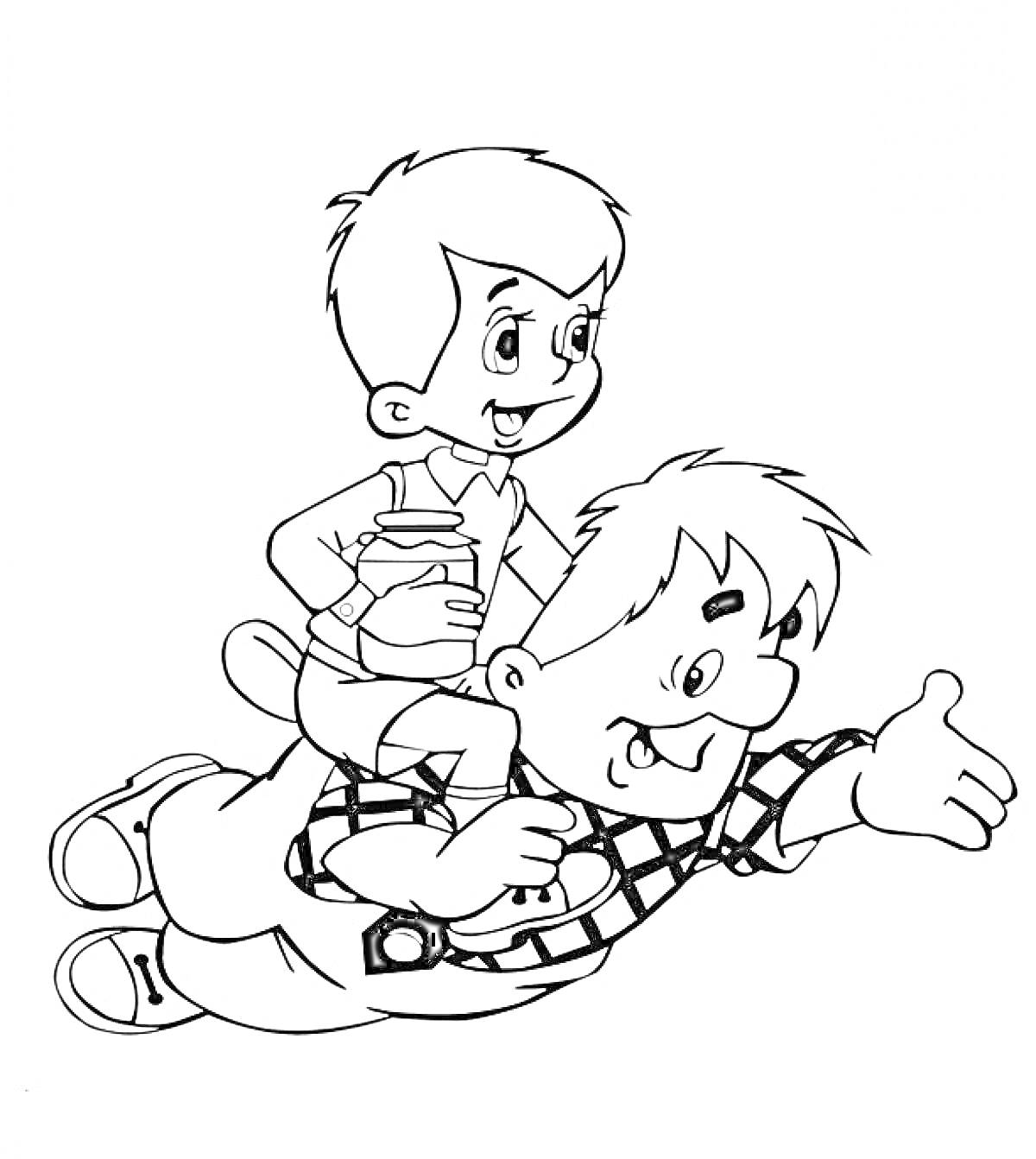 Раскраска Карлсон и мальчик с банкой варенья, полёт
