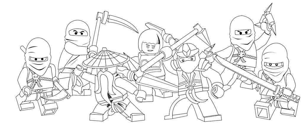 Раскраска Лего ниндзя с оружием в различных боевых позах