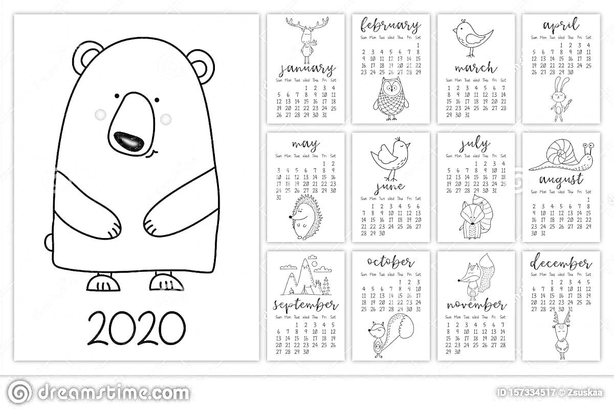 На раскраске изображено: Календарь, 2020, Медведь, Животные, Январь, Февраль, Март, Апрель, Май, Июнь, Июль, Август, Сентябрь, Октябрь, Ноябрь, Декабрь