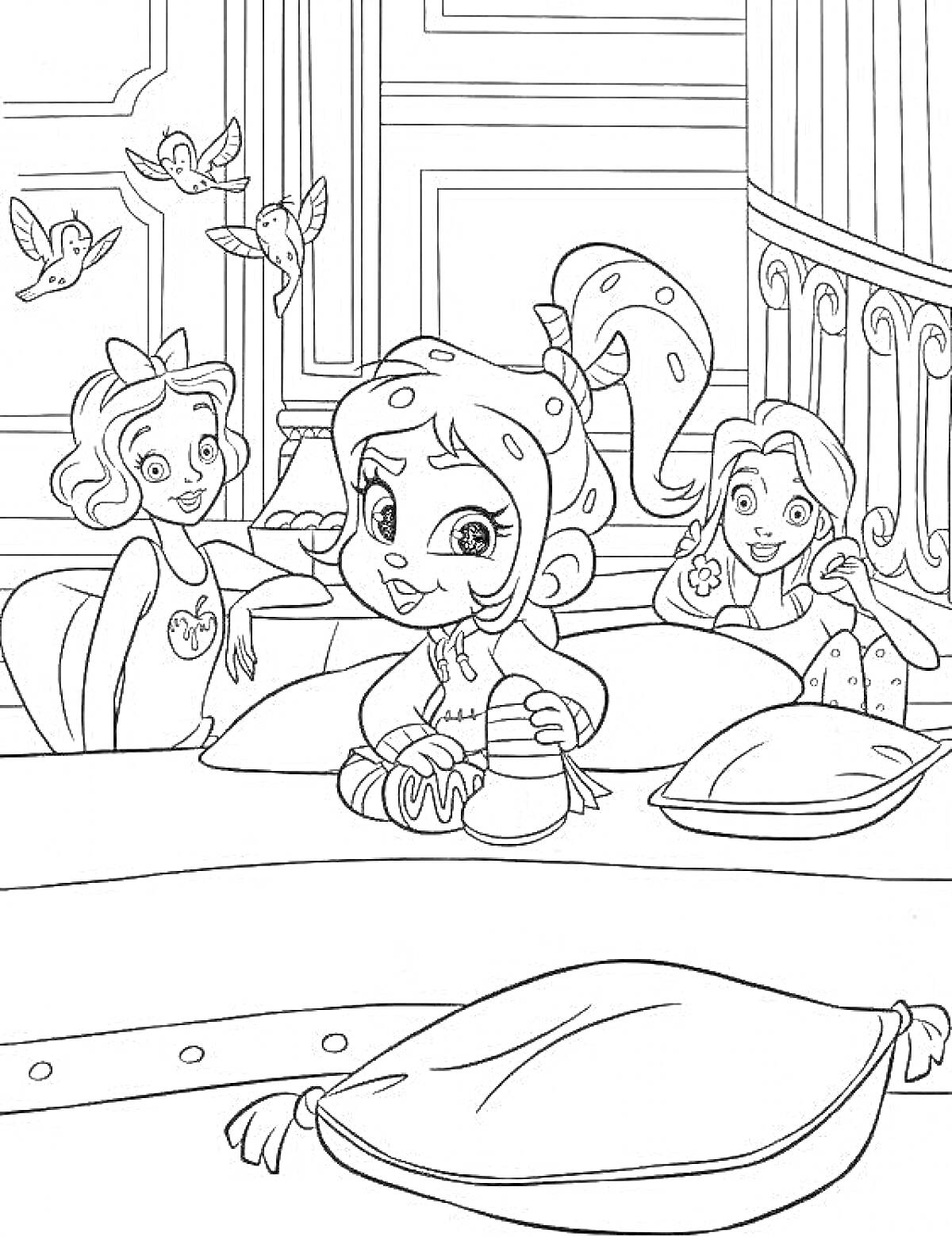 Раскраска Три девушки и птицы в комнате рядом с подушками и одеялом