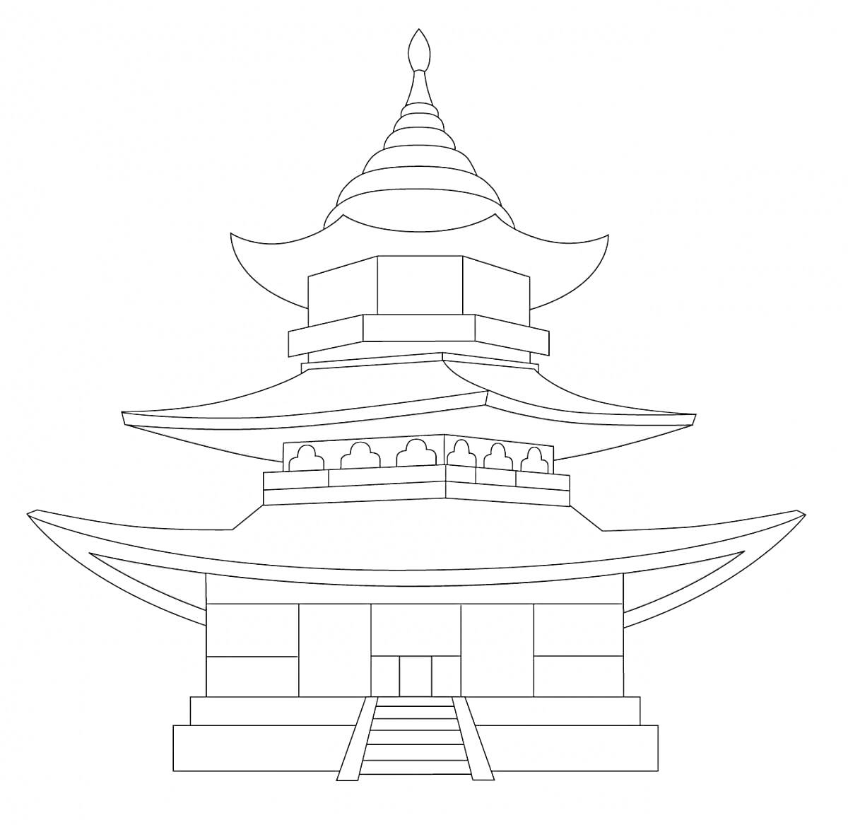 Раскраска Традиционный японский дом с многоярусной крышей и лестницей
