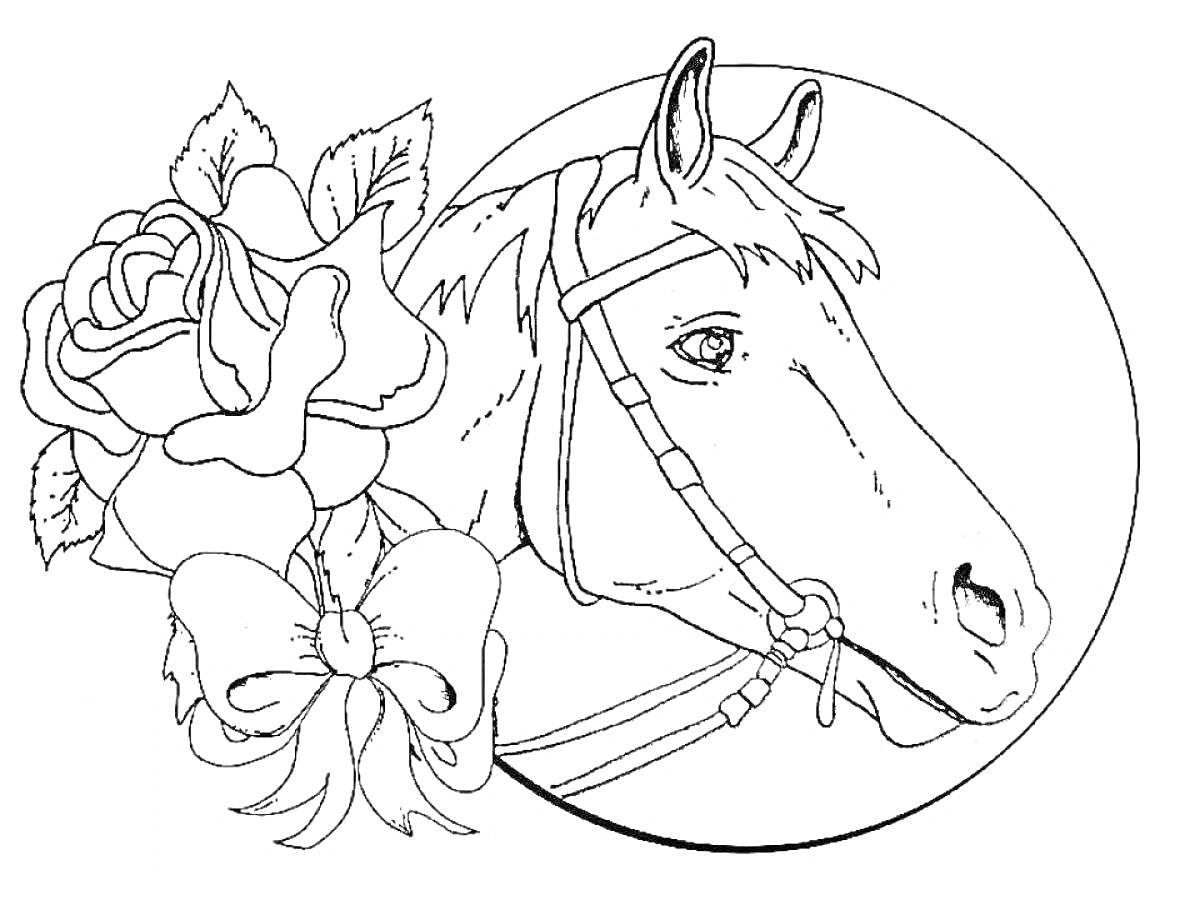 Раскраска Лошадь с уздечкой, розами и бантом на фоне круга