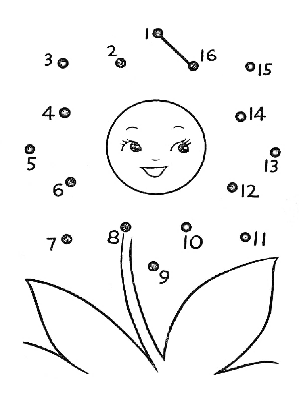 На раскраске изображено: По точкам, Лицо, Листья, Игра, Обучение, Для детей, Цветы