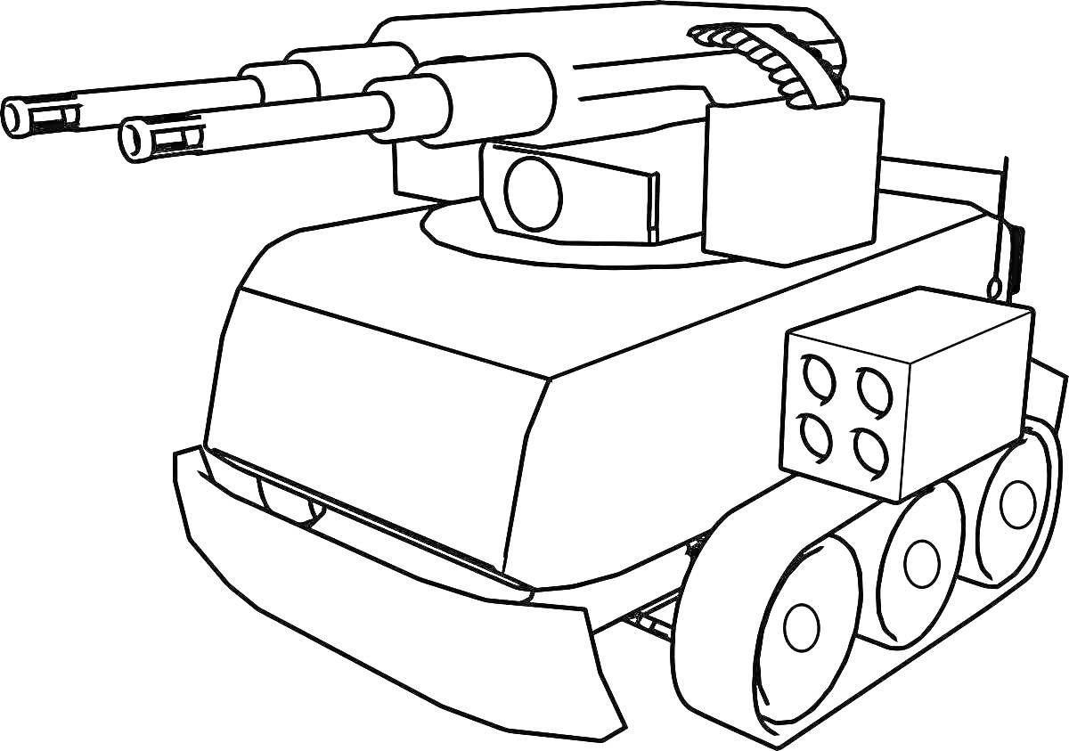 Раскраска Танковая раскраска для детей с глазами, два ствола, гусеницы, смотровая башня, многоугольный корпус