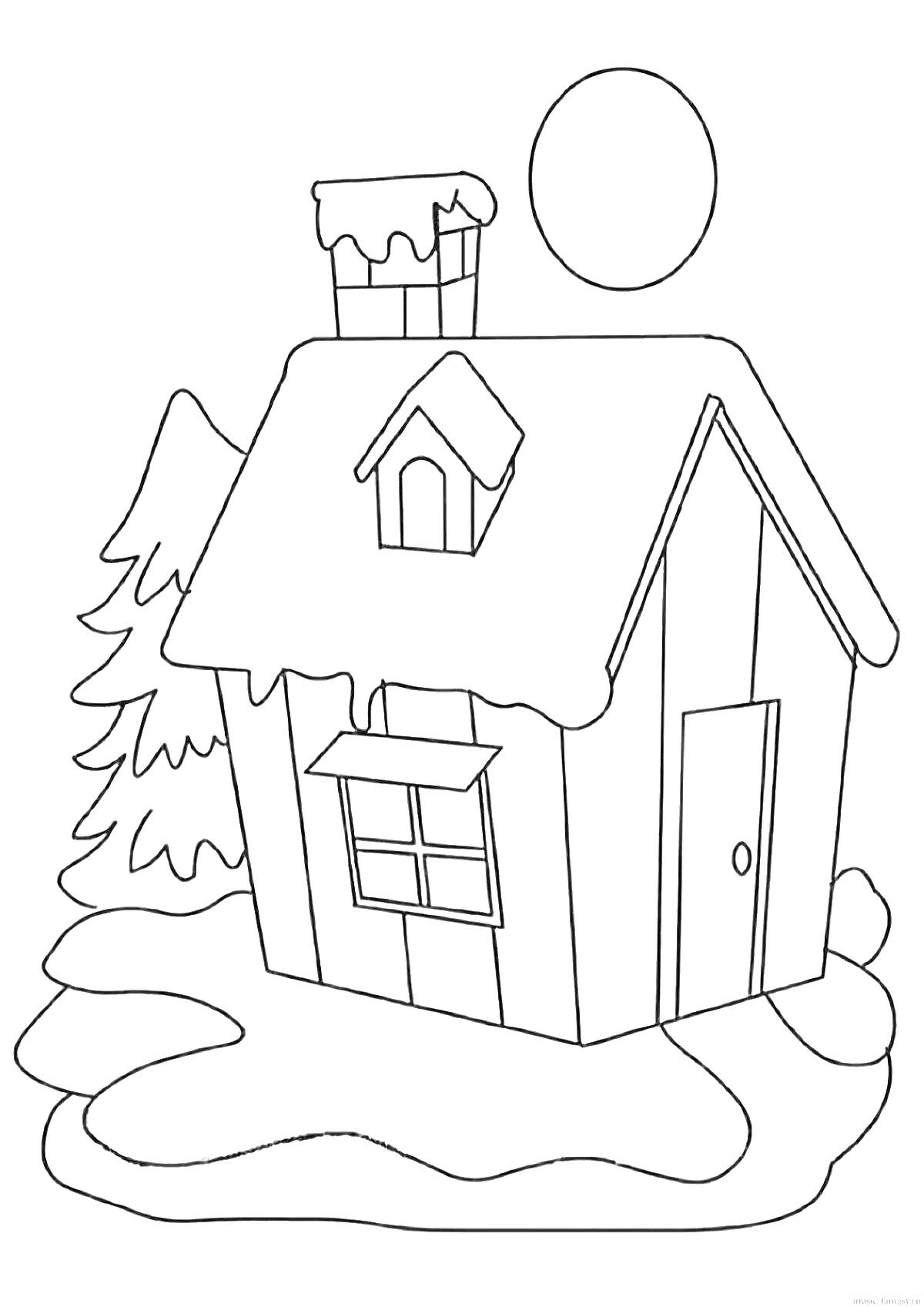 На раскраске изображено: Зима, Дом, Снег, Крыша, Труба, Дверь, Солнце